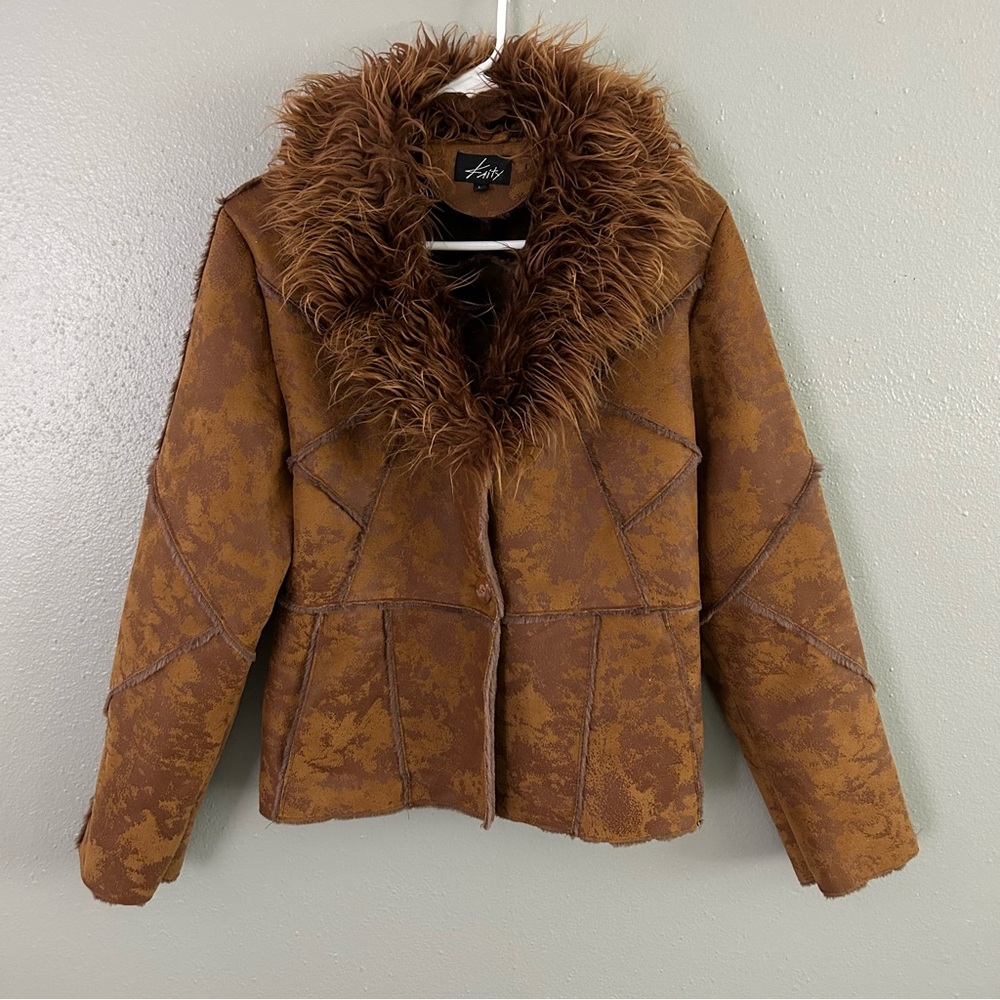 Kaity Brown Faux Fur Collar Vegan Leather Patchwork Coat Sz L Penny Lane Jacket - Picture 1 of 11